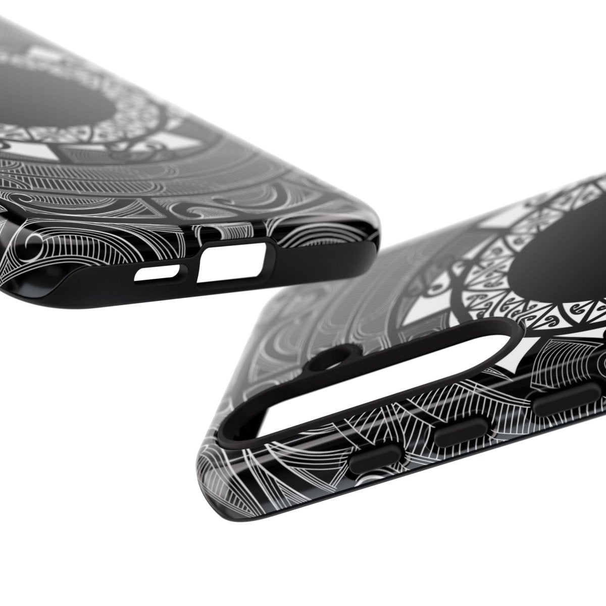 Glossy Samsung Tough Phone Case by WOYC featuring a Māori design for Galaxy S25, ideal for AU, NZ, and USA markets.