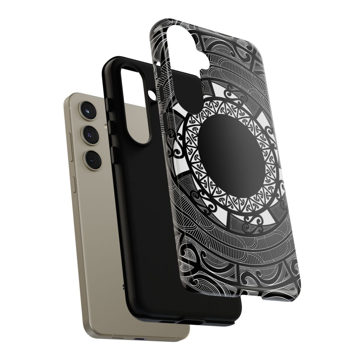 Glossy Samsung Tough Phone Case by WOYC featuring Māori design for Galaxy S25, ideal for AU, NZ, and USA markets.
