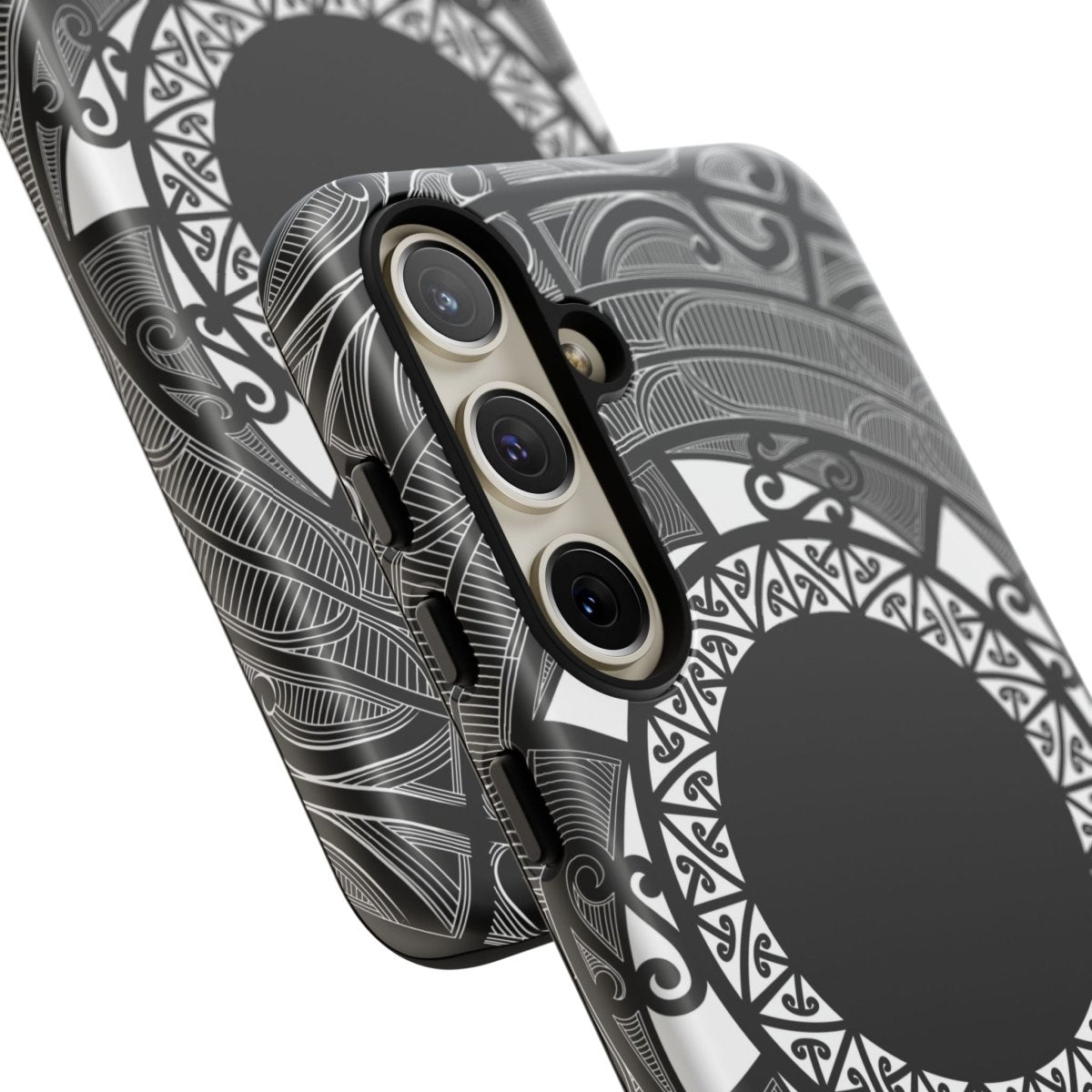 Glossy Samsung Tough Phone Case by WOYC featuring Māori design, suitable for Galaxy S25 in AU, NZ, and USA.