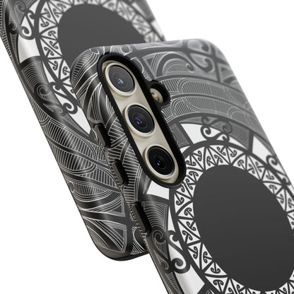 Glossy Samsung Tough Phone Case by WOYC featuring Māori design, suitable for Galaxy S25 in AU, NZ, and USA.
