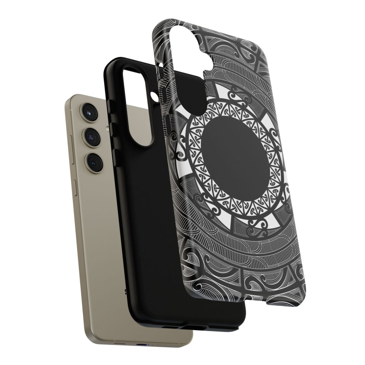 WOYC Samsung Tough Phone Case with Māori design for Galaxy S25, showcasing durability and vibrant pattern.