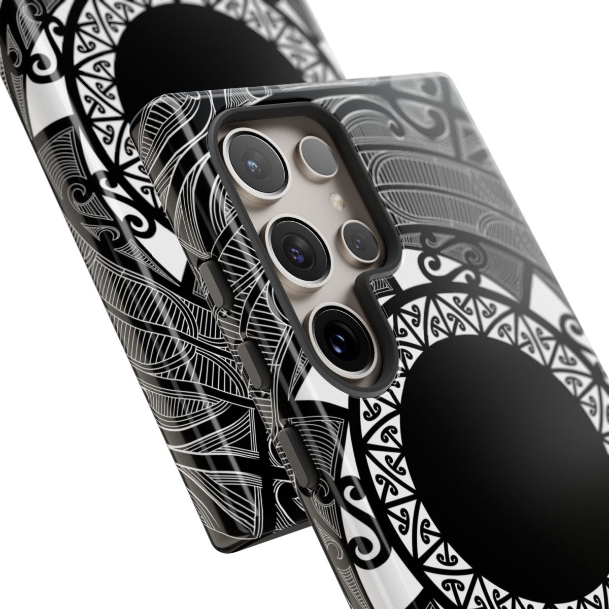 Glossy Samsung Tough Phone Case by WOYC with Māori design for Galaxy S25, showcasing durable protection and unique artwork.