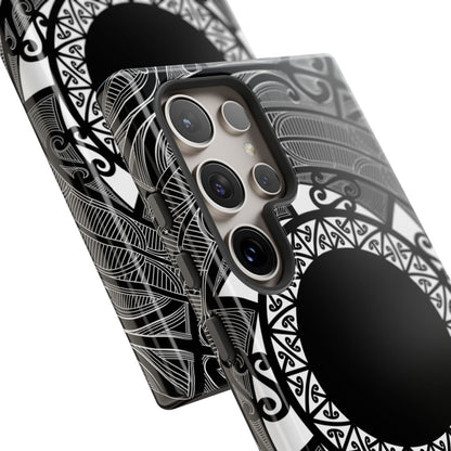 Glossy Samsung Tough Phone Case by WOYC with Māori design for Galaxy S25, showcasing durable protection and unique artwork.