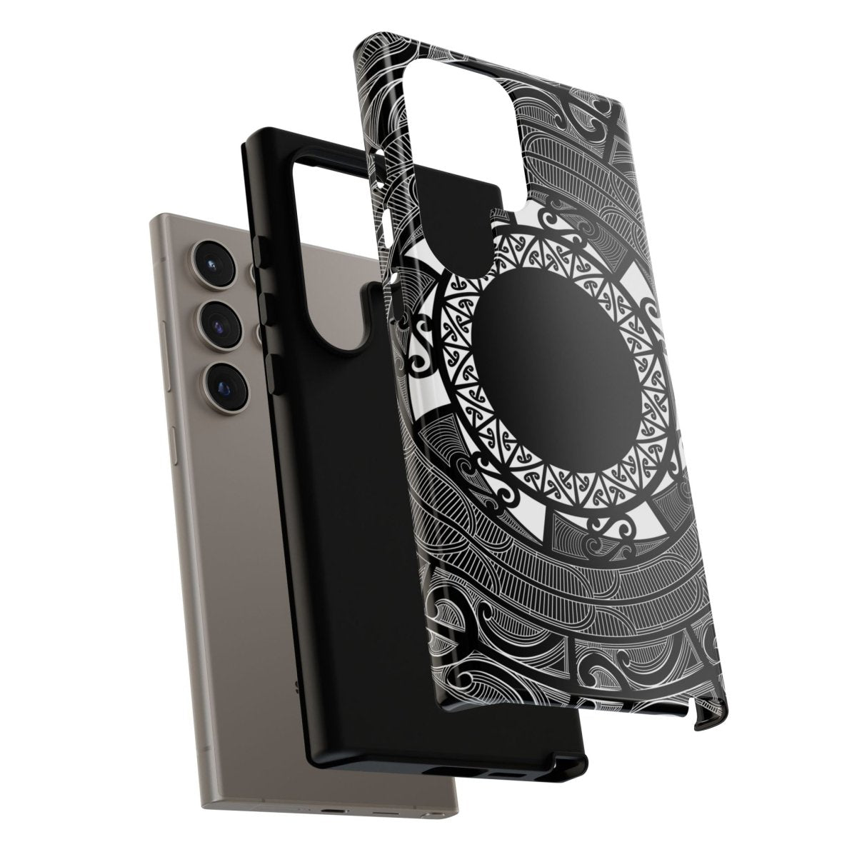 Glossy Samsung tough phone case featuring Māori design, compatible with Galaxy S25 by WOYC.