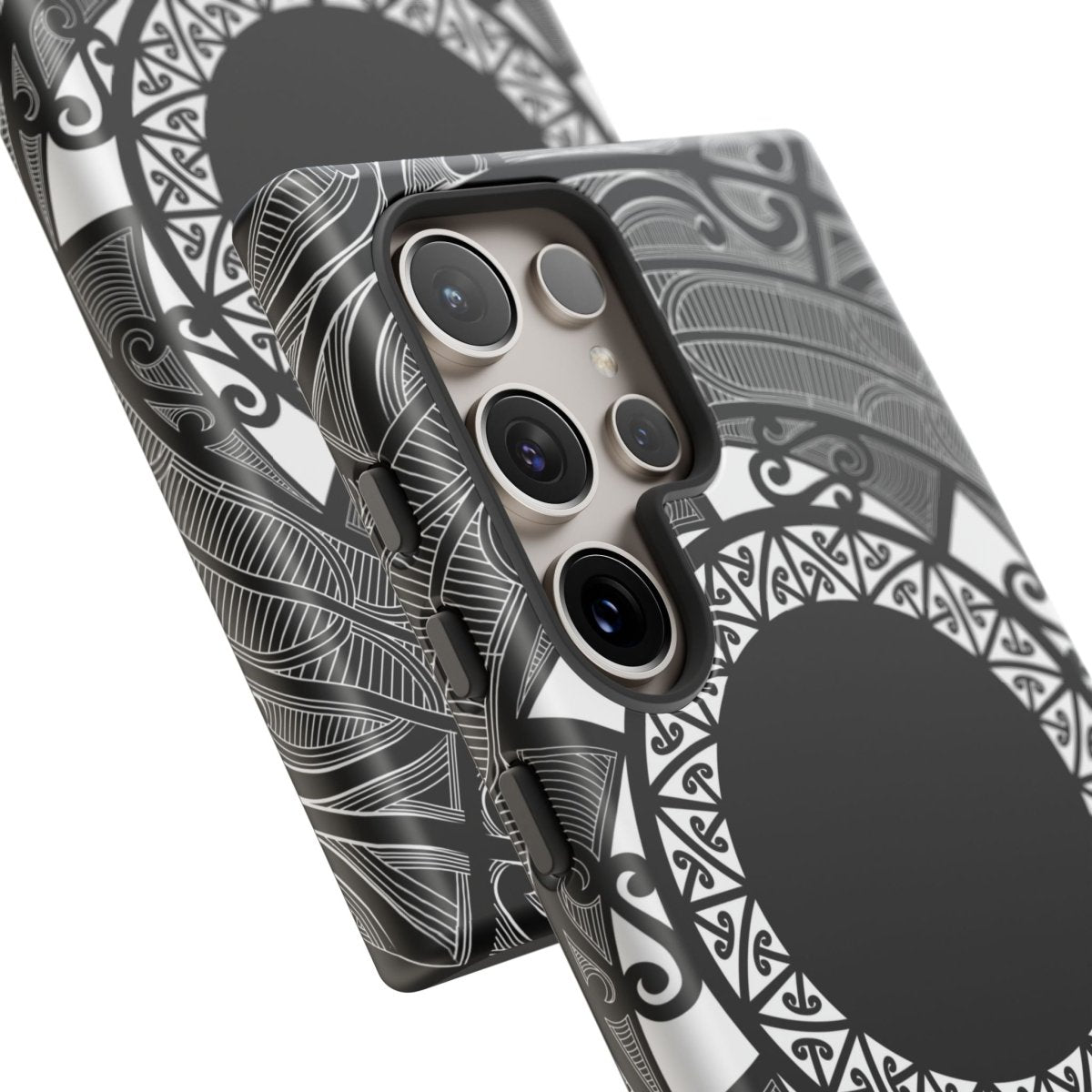 WOYC Samsung Tough Phone Case featuring Māori design for Galaxy S25, showcasing rugged protection and vibrant colors.