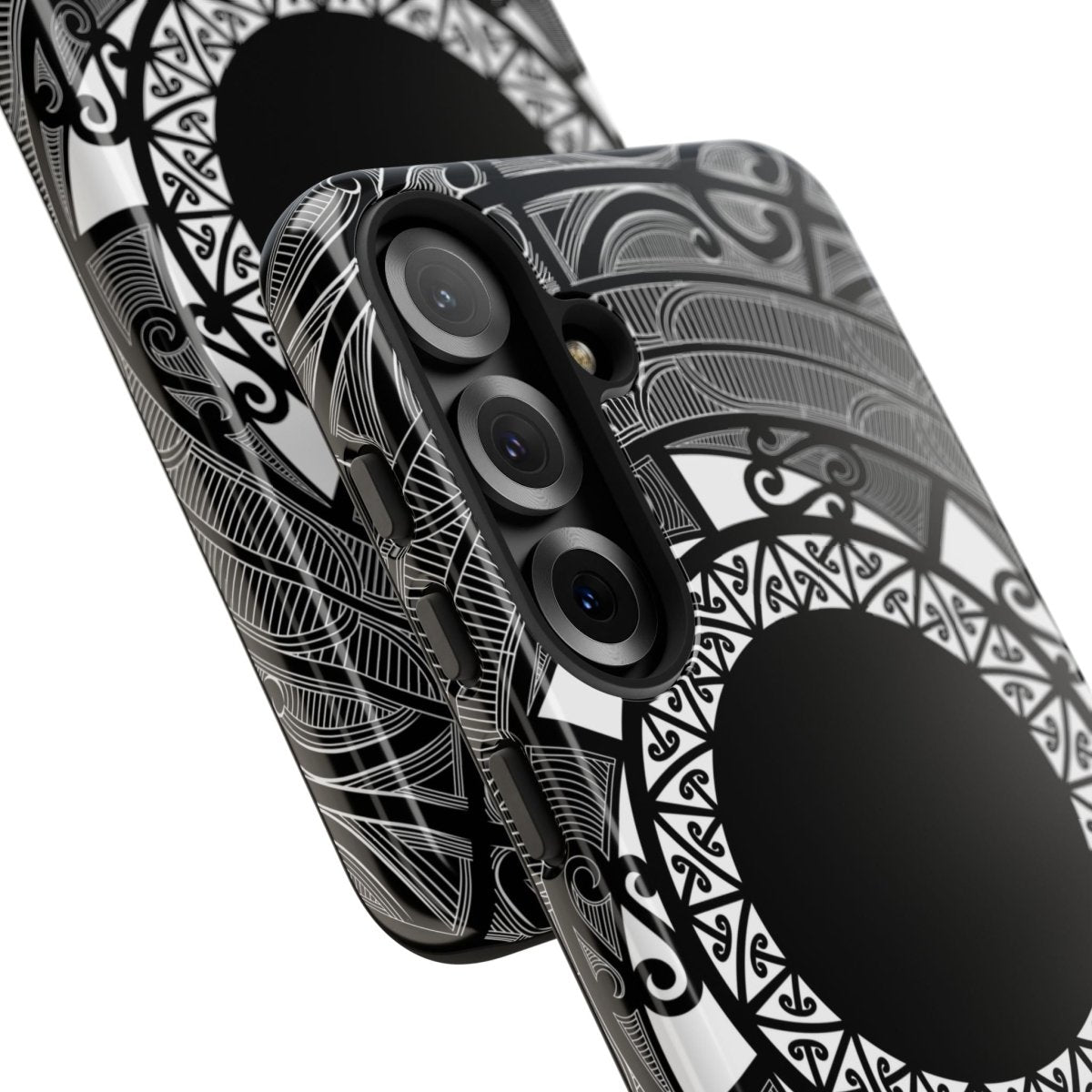 WOYC Samsung Tough Phone Case with Māori design for Galaxy S25, showcasing durability and unique pattern.