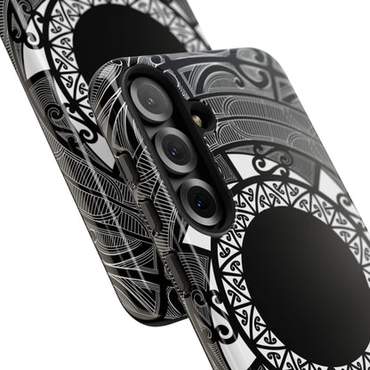 WOYC Samsung Tough Phone Case with Māori design for Galaxy S25, showcasing durability and unique pattern.
