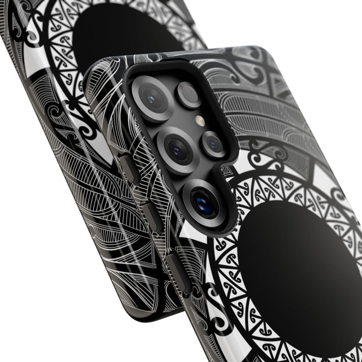 WOYC Samsung Tough Phone Case featuring Māori design for Galaxy S25, showcasing durable protection and unique patterns.