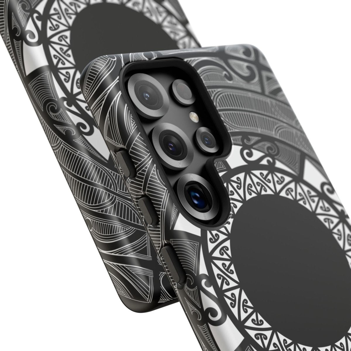 WOYC Samsung Tough Phone Case with Māori design for Galaxy S25, showcasing durability and unique artwork.